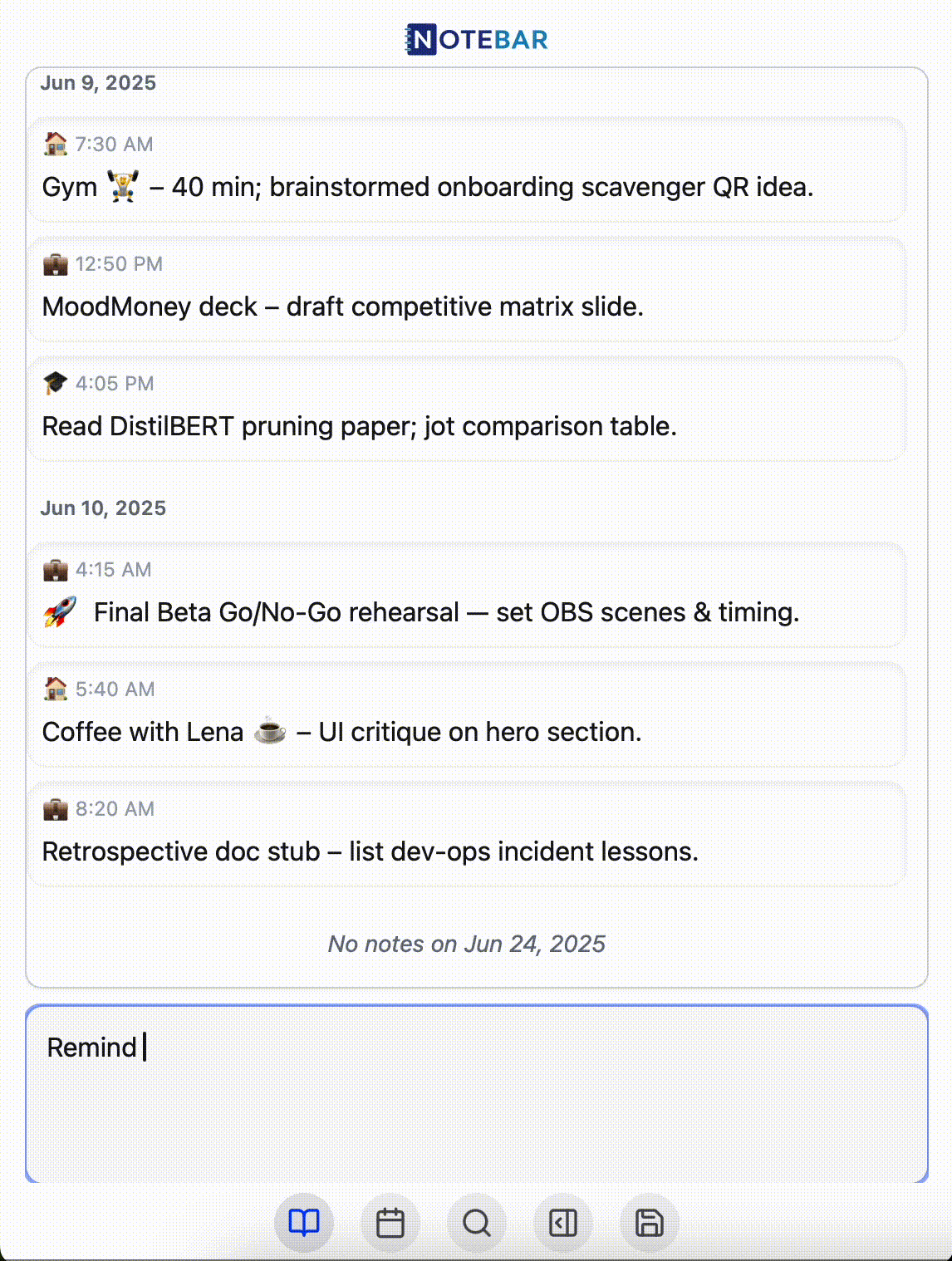 Animated demo of Notebar in action